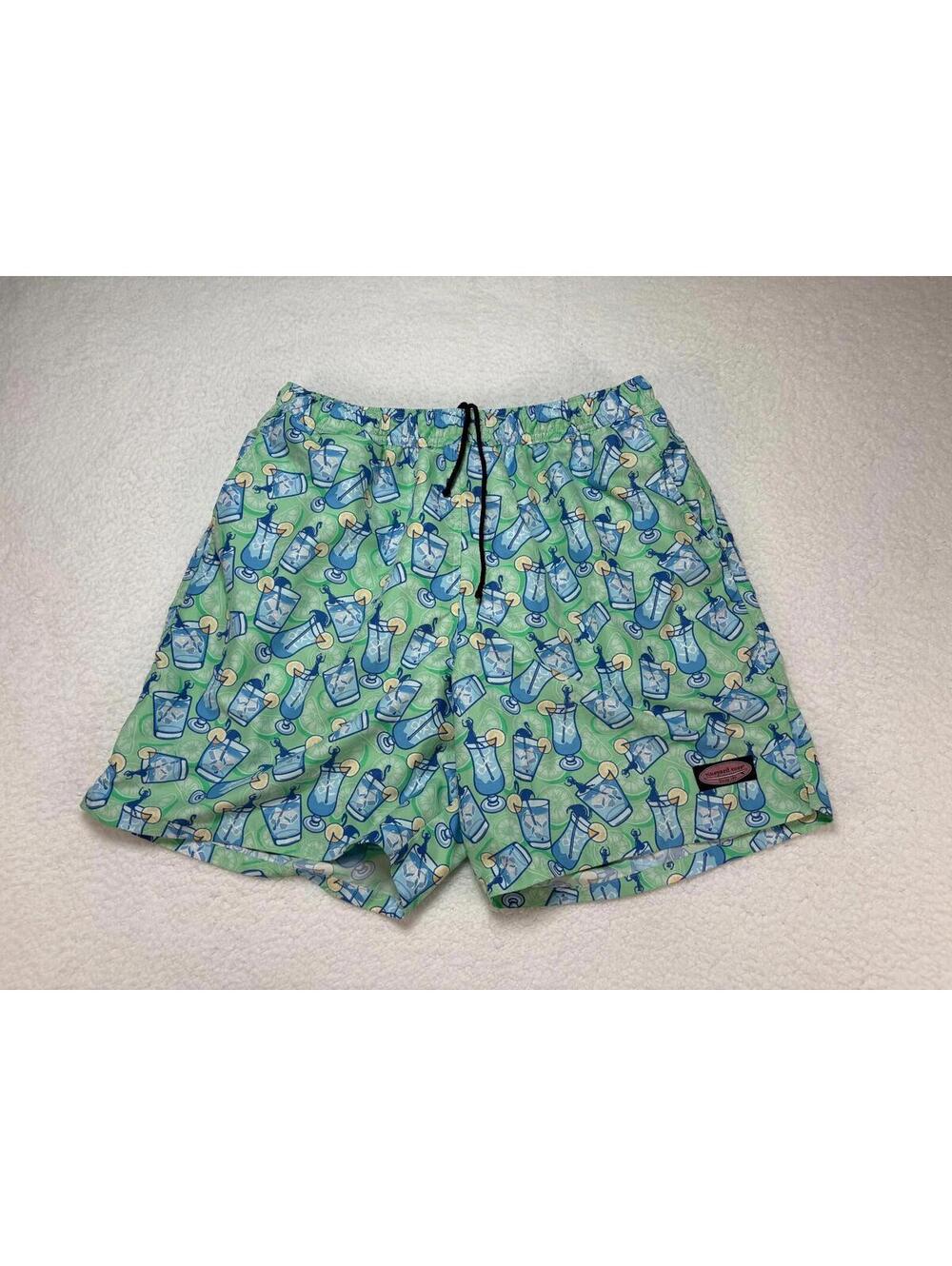 Vineyard Vines Men's Large Cocktails All Over Lined Blue Green Swimming Trunks